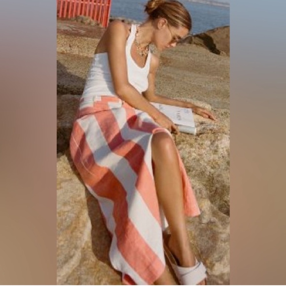 Anthropologie Orange and‎ White Striped Skirt Pockets Linen Blend Size Small NWT